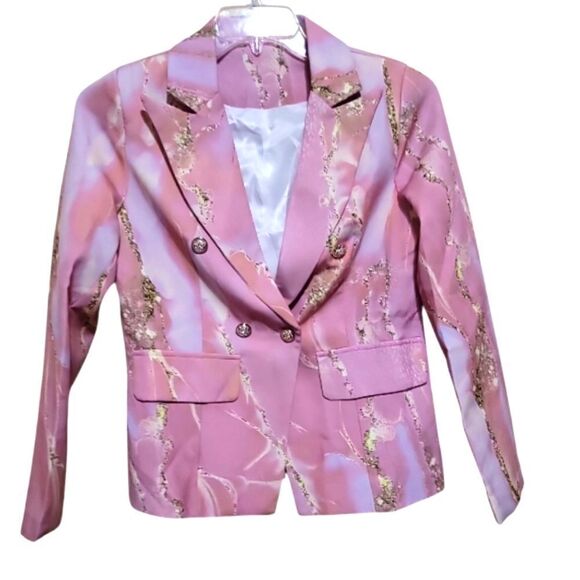 Stylish Pink Multicolored Marble Print LongSleeve Blazer Fully Lined Sz Small - Picture 1 of 6